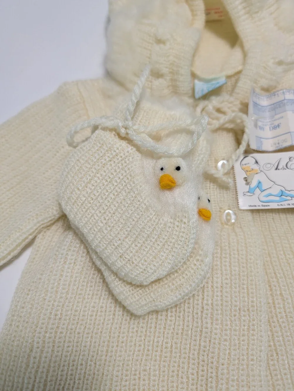 Vintage All-Mine Cream-Colored Knit Hooded Baby Coat & Booties with Duck Accents